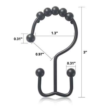 Shower Curtain Hooks Rust Resistant Shower Curtain Rings Metal Glide Rollers Shower Hooks for Bathroom Shower Curtain Rods Curtains, Set of 12 (Matte Black)