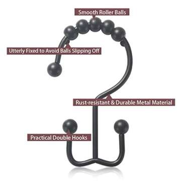 Shower Curtain Hooks Rust Resistant Shower Curtain Rings Metal Glide Rollers Shower Hooks for Bathroom Shower Curtain Rods Curtains, Set of 12 (Matte Black)
