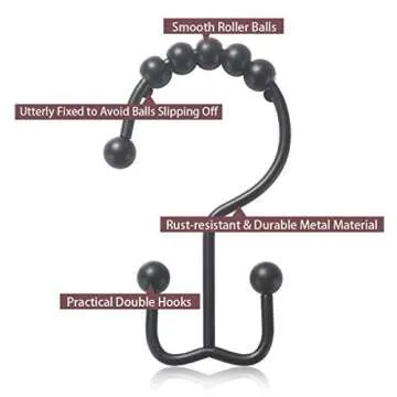Shower Curtain Hooks Rust Resistant Shower Curtain Rings Metal Glide Rollers Shower Hooks for Bathroom Shower Curtain Rods Curtains, Set of 12 (Matte Black)
