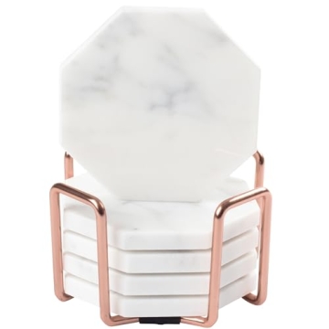 D'Eco White Carrara Marble Coasters & Rose Gold Coaster Holder (Set of 5)- Durable, Thick Coasters - Holiday Xmas Gift Idea- Protects Any Table Type & Fits Any Coffee Mug, Drinking Glass, Barware