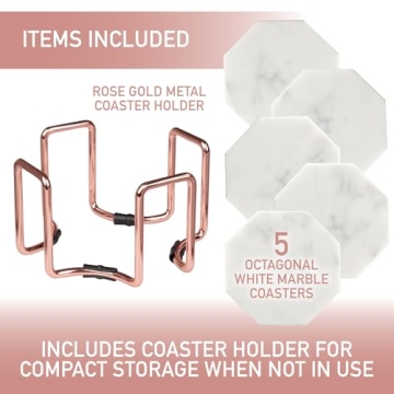 D'Eco White Carrara Marble Coasters & Rose Gold Coaster Holder (Set of 5)- Durable, Thick Coasters - Holiday Xmas Gift Idea- Protects Any Table Type & Fits Any Coffee Mug, Drinking Glass, Barware
