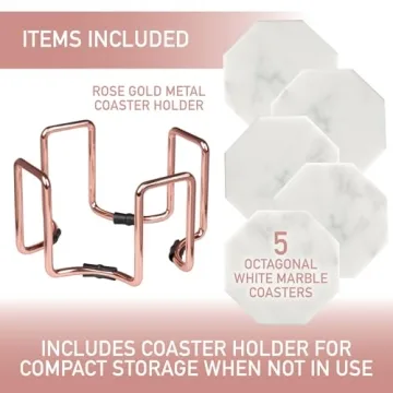 D'Eco White Carrara Marble Coasters & Rose Gold Coaster Holder (Set of 5)- Durable, Thick Coasters - Holiday Xmas Gift Idea- Protects Any Table Type & Fits Any Coffee Mug, Drinking Glass, Barware