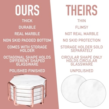 D'Eco White Carrara Marble Coasters & Rose Gold Coaster Holder (Set of 5)- Durable, Thick Coasters - Holiday Xmas Gift Idea- Protects Any Table Type & Fits Any Coffee Mug, Drinking Glass, Barware