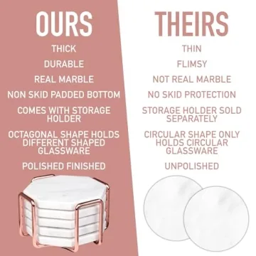 D'Eco White Carrara Marble Coasters & Rose Gold Coaster Holder (Set of 5)- Durable, Thick Coasters - Holiday Xmas Gift Idea- Protects Any Table Type & Fits Any Coffee Mug, Drinking Glass, Barware