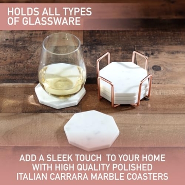 D'Eco White Carrara Marble Coasters & Rose Gold Coaster Holder (Set of 5)- Durable, Thick Coasters - Holiday Xmas Gift Idea- Protects Any Table Type & Fits Any Coffee Mug, Drinking Glass, Barware