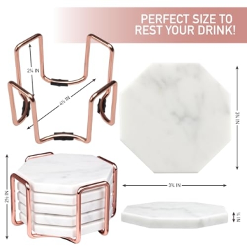 D'Eco White Carrara Marble Coasters & Rose Gold Coaster Holder (Set of 5)- Durable, Thick Coasters - Holiday Xmas Gift Idea- Protects Any Table Type & Fits Any Coffee Mug, Drinking Glass, Barware