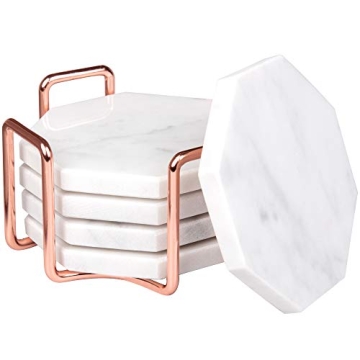 D'Eco White Carrara Marble Coasters & Rose Gold Coaster Holder (Set of 5)- Durable, Thick Coasters - Holiday Xmas Gift Idea- Protects Any Table Type & Fits Any Coffee Mug, Drinking Glass, Barware