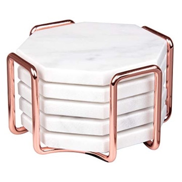 D'Eco White Carrara Marble Coasters & Rose Gold Coaster Holder (Set of 5)- Durable, Thick Coasters - Holiday Xmas Gift Idea- Protects Any Table Type & Fits Any Coffee Mug, Drinking Glass, Barware