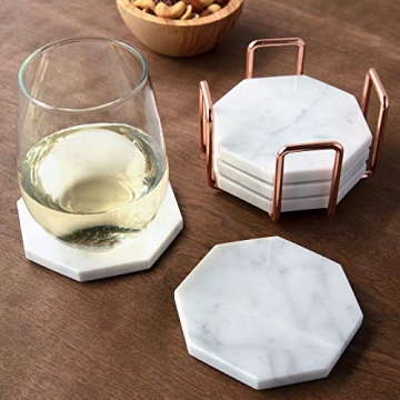 D'Eco White Carrara Marble Coasters & Rose Gold Coaster Holder (Set of 5)- Durable, Thick Coasters - Holiday Xmas Gift Idea- Protects Any Table Type & Fits Any Coffee Mug, Drinking Glass, Barware