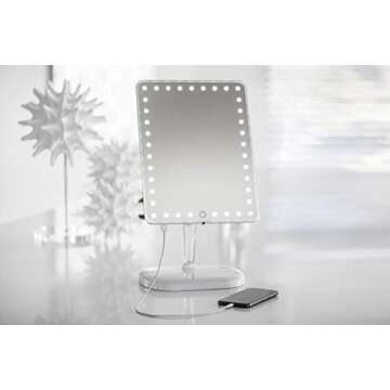 Impressions Vanity Touch Pro Makeup Mirror with LED Lights and Speaker, 360 Adjustable Rotation Rectangle Vanity Mirror with Touch Screen Switch and USB Charging Port (White)