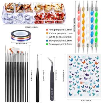 JOYJULY Nail Art Design Tools - 3D Decorations Kit with Brushes, Dotting Tools, Holographic Stickers, Nail Foil Tape, Rhinestones and Pick-Up Tweezers