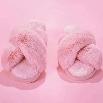Metog Women's Fuzzy Slippers House Slippers Cross Band Slippers Indoor Outdoor Soft Plush on Open Toe Slippers, Pink, 9-10 Women