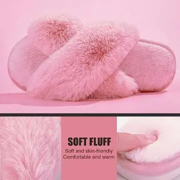 Metog Women's Fuzzy Slippers House Slippers Cross Band Slippers Indoor Outdoor Soft Plush on Open Toe Slippers, Pink, 9-10 Women