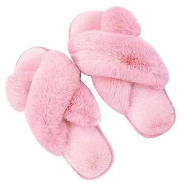 Metog Women's Fuzzy Slippers House Slippers Cross Band Slippers Indoor Outdoor Soft Plush on Open Toe Slippers, Pink, 9-10 Women