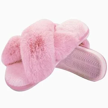 Metog Women's Fuzzy Slippers House Slippers Cross Band Slippers Indoor Outdoor Soft Plush on Open Toe Slippers, Pink, 9-10 Women