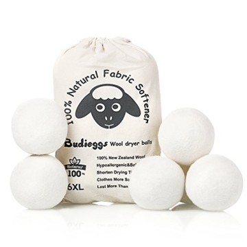 Budieggs Wool Dryer Balls Organic XL 6-Pack, 100% New Zealand Chemical Free Fabric Softener for 1000...