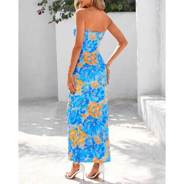 BTFBM Women's Floral Maxi Dresses Summer 2025 Strapless Tube Bodycon Mesh Layered Cocktail Party Wedding Guest Dress(Floral Blue, Large)