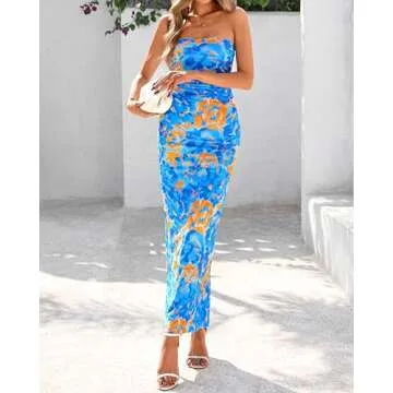 BTFBM Women's Floral Maxi Dresses Summer 2025 Strapless Tube Bodycon Mesh Layered Cocktail Party Wedding Guest Dress(Floral Blue, Large)