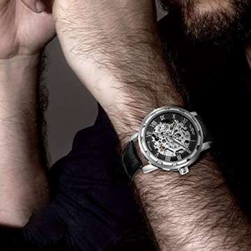 GLEIM Men's Watch, Mechanical Skeleton Steampunk Design Automatic Self-Winding Roman Numeral Silver ...
