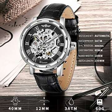 GLEIM Men's Watch, Mechanical Skeleton Steampunk Design Automatic Self-Winding Roman Numeral Silver Case PU Leather Wrist Watch