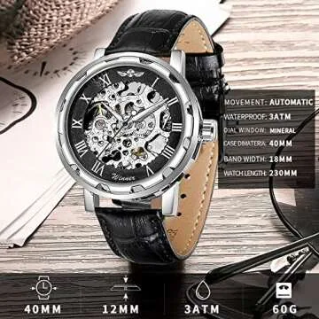 GLEIM Men's Watch, Mechanical Skeleton Steampunk Design Automatic Self-Winding Roman Numeral Silver Case PU Leather Wrist Watch