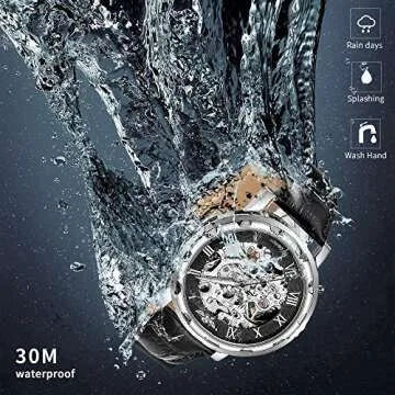 GLEIM Men's Watch, Mechanical Skeleton Steampunk Design Automatic Self-Winding Roman Numeral Silver Case PU Leather Wrist Watch