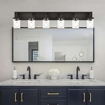 QueeuQ Modern Bathroom Vanity Light Fixtures Black Finished 6-Light with Clear Glass Shade Bathroom Lighting Farmhouse Wall Sconces for Dining Room Living Room Kitchen Hallway