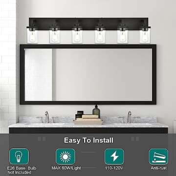QueeuQ Modern Bathroom Vanity Light Fixtures Black Finished 6-Light with Clear Glass Shade Bathroom Lighting Farmhouse Wall Sconces for Dining Room Living Room Kitchen Hallway