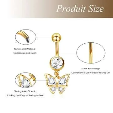 Dochais 8PCS Belly Buton Ring Surgical Stainless Steel Belly Button Rings for Women Dangle Belly Button Rings Butterfly Cubic Zirconia Body Piercing Jewelry GOLD