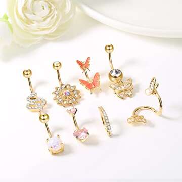Dochais 8PCS Belly Buton Ring Surgical Stainless Steel Belly Button Rings for Women Dangle Belly Button Rings Butterfly Cubic Zirconia Body Piercing Jewelry GOLD