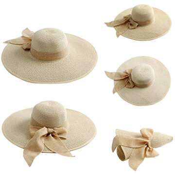 Lanzom Womens Big Bowknot Straw Hat Floppy Foldable Roll up Beach Cap Sun Hat UPF 50+ (Beige, One Size)