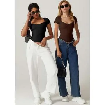 QINSEN Woman's Slimming Fit Crop Tops Sweetheart Neck Short Sleeve Summer T Shirt Black M