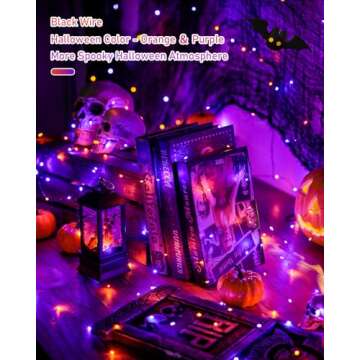 JMEXSUSS 2 Pack Solar Halloween Lights, Total 66FT 200 LED Orange and Purple Halloween Lights Outdoor Waterproof, 8 Mode Black Wire Solar String Lights for Tree Yard Spooky Party Halloween Decorations