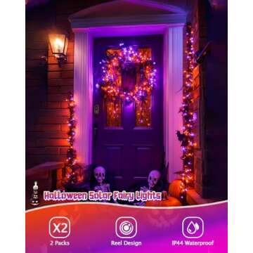 JMEXSUSS 2 Pack Solar Halloween Lights, Total 66FT 200 LED Orange and Purple Halloween Lights Outdoor Waterproof, 8 Mode Black Wire Solar String Lights for Tree Yard Spooky Party Halloween Decorations