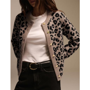 ACCPUR Leopard Print Cardigans for Women Cheetah Open Front Sweaters Button Down Knit Fall Clothes Long Sleeve Outwear Coats