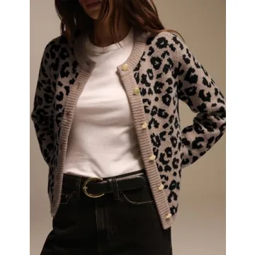ACCPUR Leopard Print Cardigans for Women Cheetah Open Front Sweaters Button Down Knit Fall Clothes Long Sleeve Outwear Coats