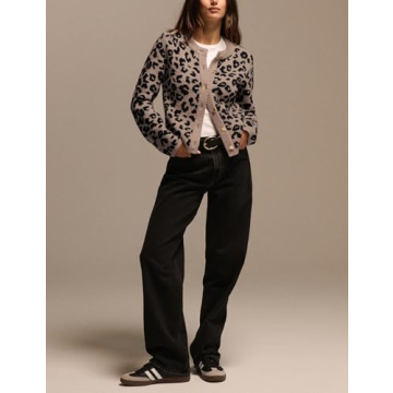 ACCPUR Leopard Print Cardigans for Women Cheetah Open Front Sweaters Button Down Knit Fall Clothes Long Sleeve Outwear Coats