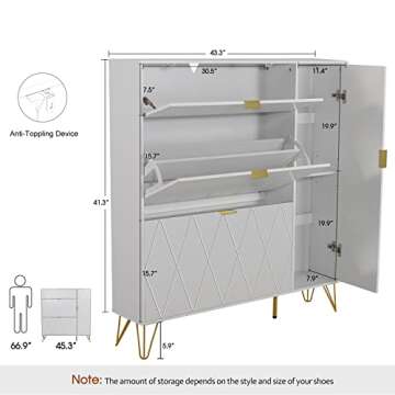 UEV Shoe Cabinet,Shoes Storage Cabinet with 3 Flip Drawers & Boot Rack,Freestanding Modern Shoes Org...