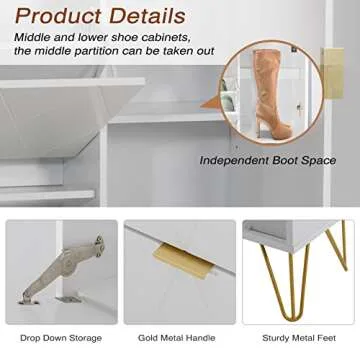 UEV Shoe Cabinet,Shoes Storage Cabinet with 3 Flip Drawers & Boot Rack,Freestanding Modern Shoes Organizer with Metal Legs,White Entryway Shoe Rack Cabinet for Heels,Boots,Slippers