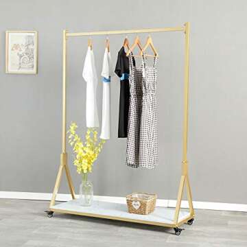 FURVOKIA Modern Simple Heavy Duty Metal Rolling Garment Rack with Wheels,Retail Display Clothing Rack with Wood, Single Rod Floor-Standing Hangers Clothes Shelves (Gold, 47.2 L)