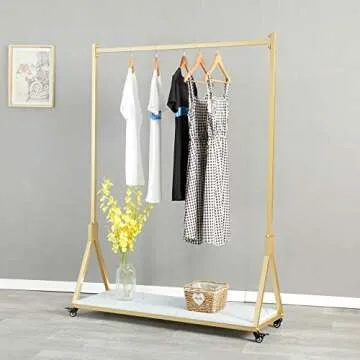 FURVOKIA Modern Simple Heavy Duty Metal Rolling Garment Rack with Wheels,Retail Display Clothing Rack with Wood, Single Rod Floor-Standing Hangers Clothes Shelves (Gold, 47.2 L)