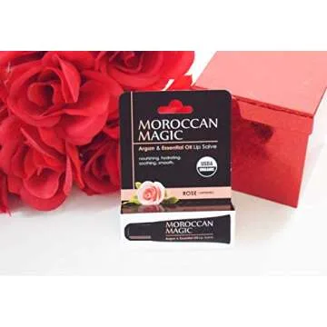 Moroccan Magic Organic Lip Salve Pack | Made with Natural Cold Pressed Argan and Essential Oils | Lip Care | Smooth Application | Non-Toxic, Cruelty Free | Coconut Almond, Rose | 2 Pack