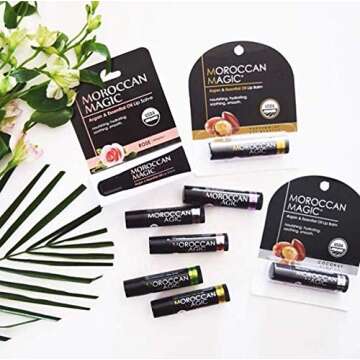 Moroccan Magic Organic Lip Salve Pack | Made with Natural Cold Pressed Argan and Essential Oils | Lip Care | Smooth Application | Non-Toxic, Cruelty Free | Coconut Almond, Rose | 2 Pack