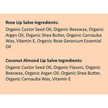 Moroccan Magic Organic Lip Salve Pack | Made with Natural Cold Pressed Argan and Essential Oils | Lip Care | Smooth Application | Non-Toxic, Cruelty Free | Coconut Almond, Rose | 2 Pack