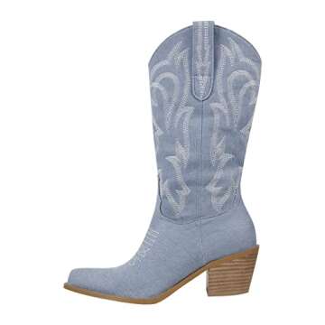 richealnini Canvas Cowgirl Cowboy Boots for Women Pull-On Mid Calf Boots Tab Stacked Embroidered Blo...