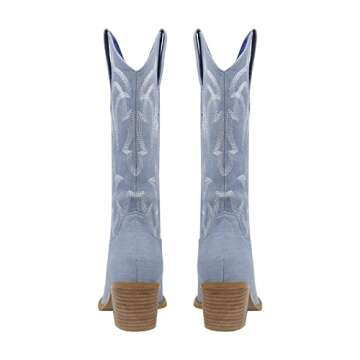 richealnini Canvas Cowgirl Cowboy Boots for Women Pull-On Mid Calf Boots Tab Stacked Embroidered Block Chunky Heeled Western Country Riding Motorcycle Combat Outdoor Leisure Shoes Light Blue Size 9