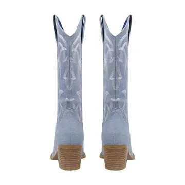 richealnini Canvas Cowgirl Cowboy Boots for Women Pull-On Mid Calf Boots Tab Stacked Embroidered Block Chunky Heeled Western Country Riding Motorcycle Combat Outdoor Leisure Shoes Light Blue Size 9