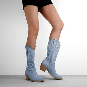 richealnini Canvas Cowgirl Cowboy Boots for Women Pull-On Mid Calf Boots Tab Stacked Embroidered Block Chunky Heeled Western Country Riding Motorcycle Combat Outdoor Leisure Shoes Light Blue Size 9
