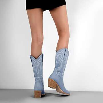 richealnini Canvas Cowgirl Cowboy Boots for Women Pull-On Mid Calf Boots Tab Stacked Embroidered Block Chunky Heeled Western Country Riding Motorcycle Combat Outdoor Leisure Shoes Light Blue Size 9