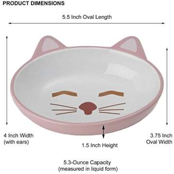 PetRageous 70658 Oval Frisky Kitty Stoneware Cat Bowl 5.5-Inch Wide and 1.5-Inch Tall Saucer with 5.3-Ounce Capacity and Dishwasher Safe is Great for Cats, Ceramic, Pink